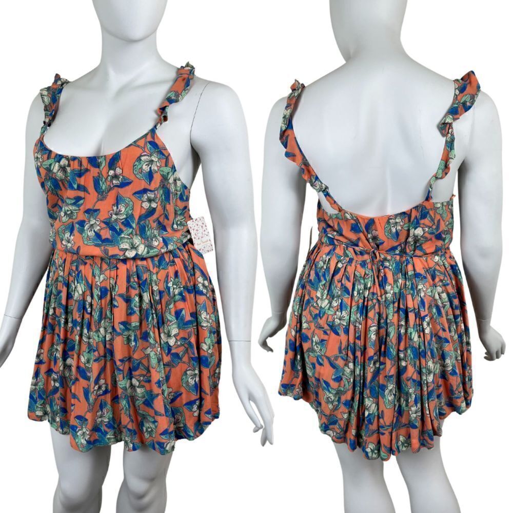 Free People Womens Size L Orange Dear You Mini NEW Dress Floral Ruffle Pullover